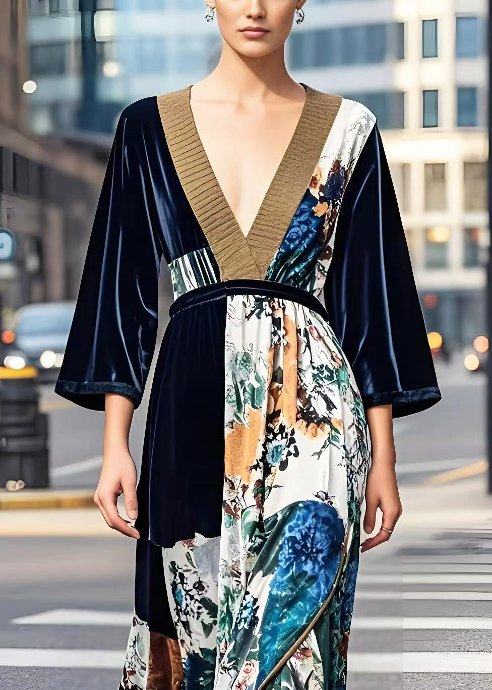 Dark V Neck Print Silk Velvet Cinched Dress Spring