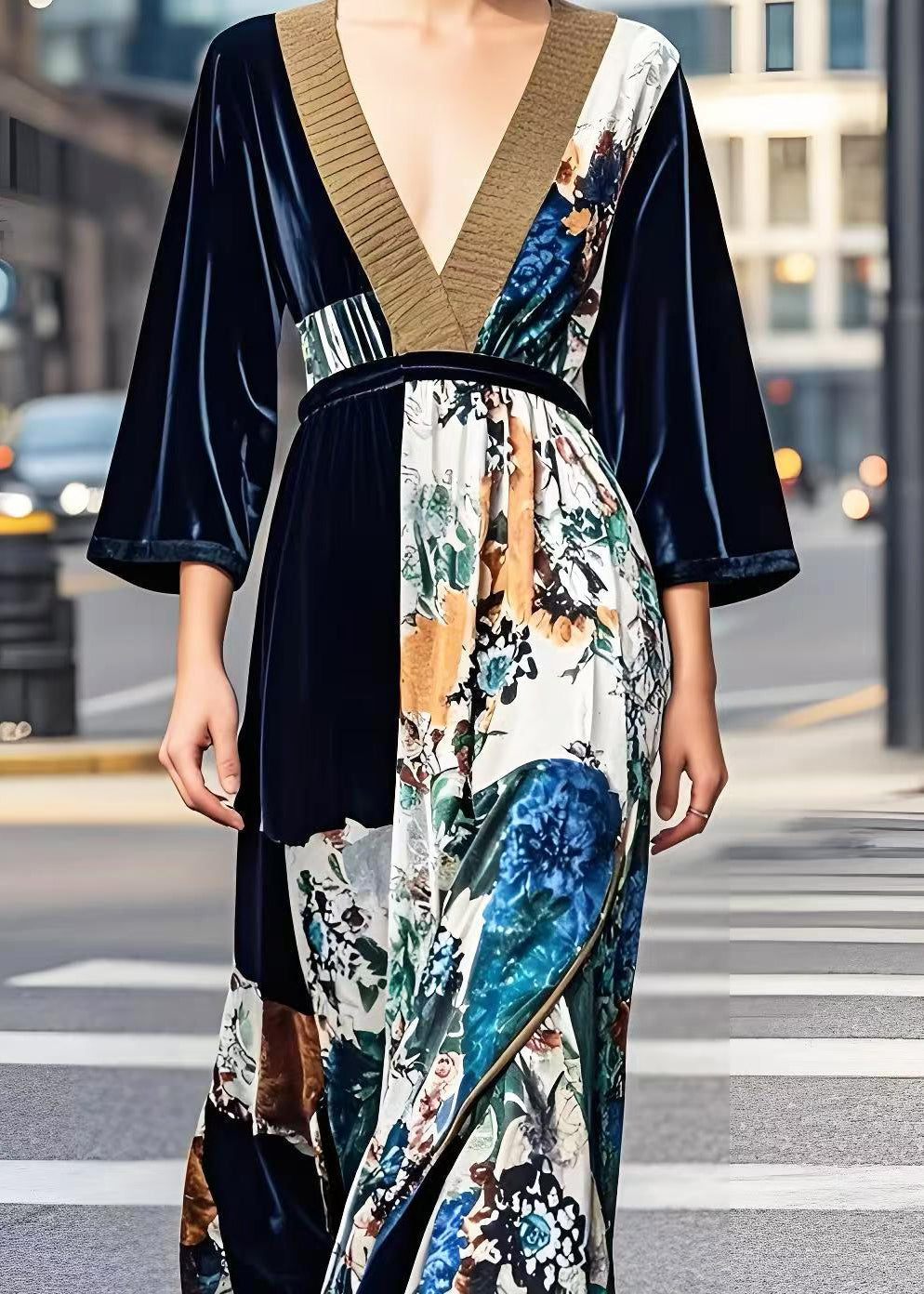 Dark V Neck Print Silk Velvet Cinched Dress Spring