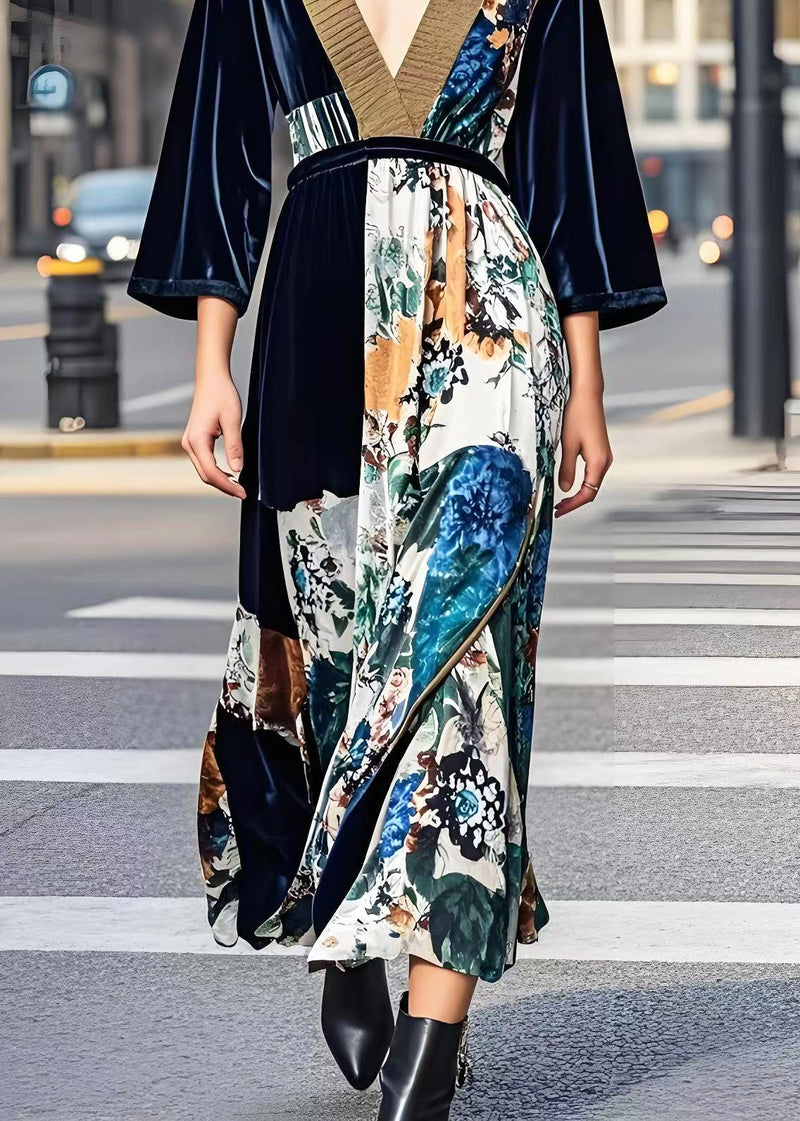 Dark V Neck Print Silk Velvet Cinched Dress Spring