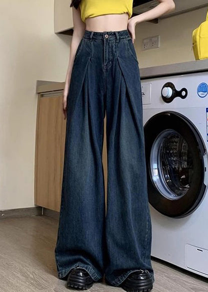 Denim Blue Button Pockets Denim Wide Leg Pants Summer