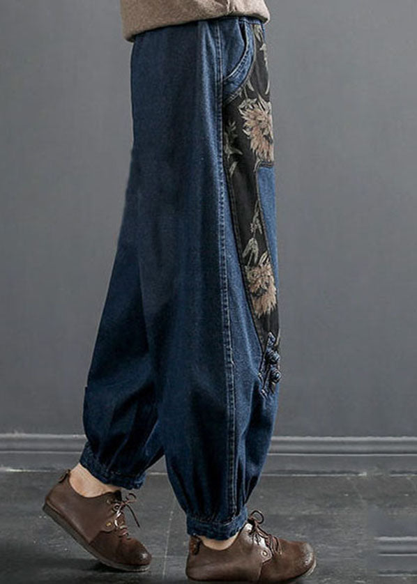 Denim Blue Elastic Waist Embroideried Pockets Cotton Harem Pants Spring