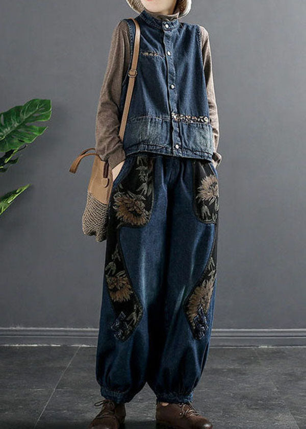 Denim Blue Elastic Waist Embroideried Pockets Cotton Harem Pants Spring