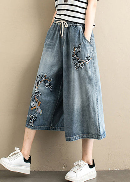 Denim Blue Embroideried Tie Waist Wide Leg Pants Summer