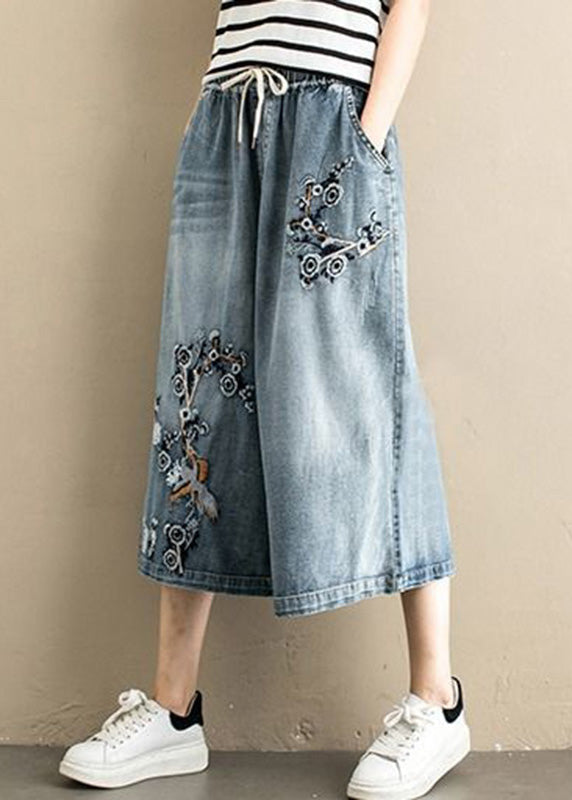 Denim Blue Embroideried Tie Waist Wide Leg Pants Summer