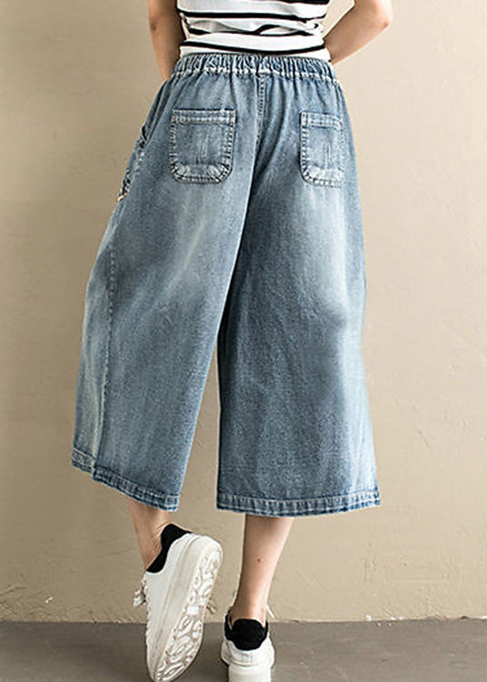 Denim Blue Embroideried Tie Waist Wide Leg Pants Summer