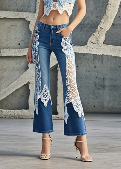 Denim Blue Lace Patchwork Slim Fit Flared Trousers Spring