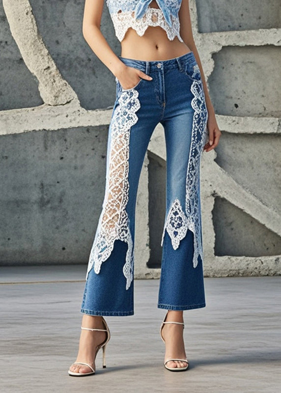 Denim Blue Lace Patchwork Slim Fit Flared Trousers Spring
