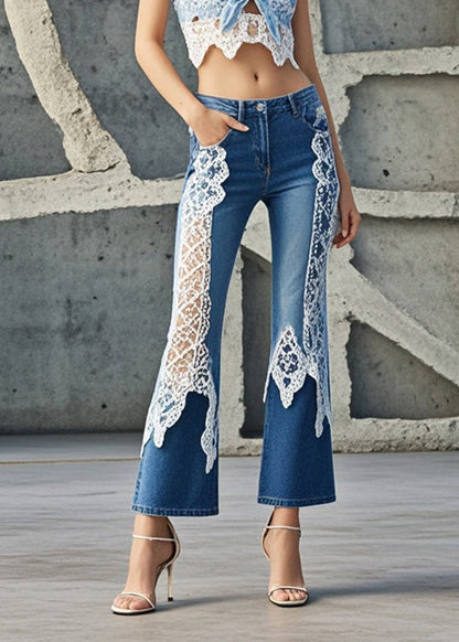 Denim Blue Lace Patchwork Slim Fit Flared Trousers Spring