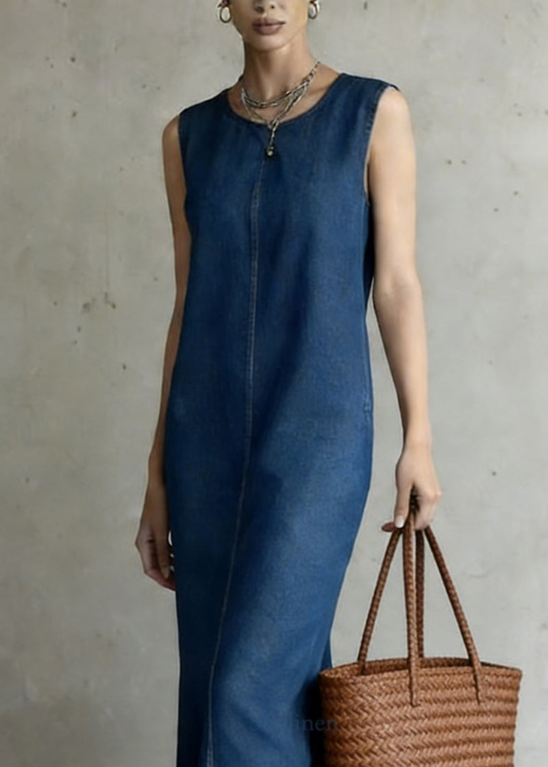 Denim Blue O-neck Patchwork Long Dress Summer