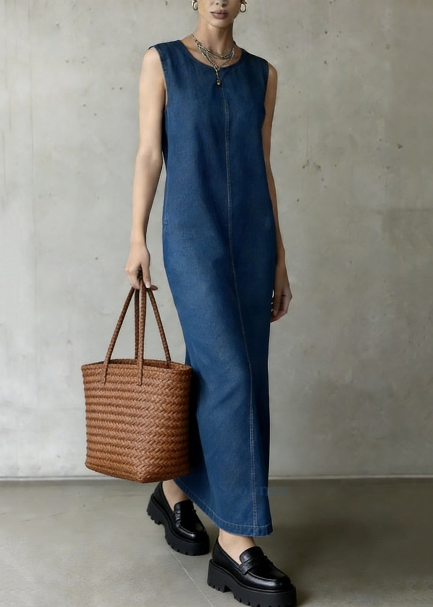 Denim Blue O-neck Patchwork Long Dress Summer
