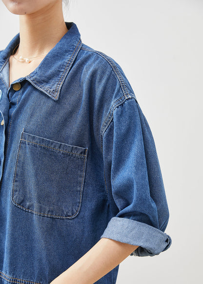 Denim Blue Oversized Patchwork Cotton Mid Dress Fall
