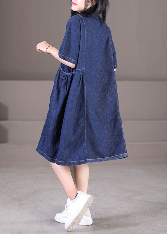 Denim Blue Peter Pan Collar Wrinkled Pockets Cotton Robe Dresses Short Sleeve
