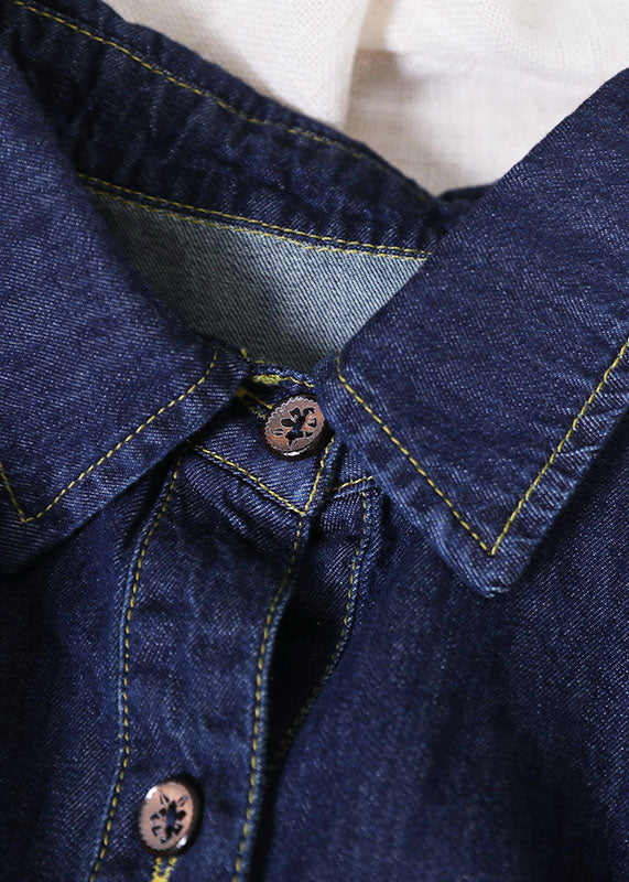 Denim Blue Peter Pan Collar Wrinkled Pockets Cotton Robe Dresses Short Sleeve