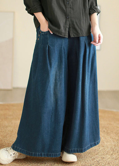 Denim Blue Pockets Elastic Waist Flare Pants Fall