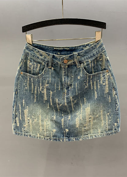 Denim Blue Pockets Patchwork High Waist Cotton a Line Skirt