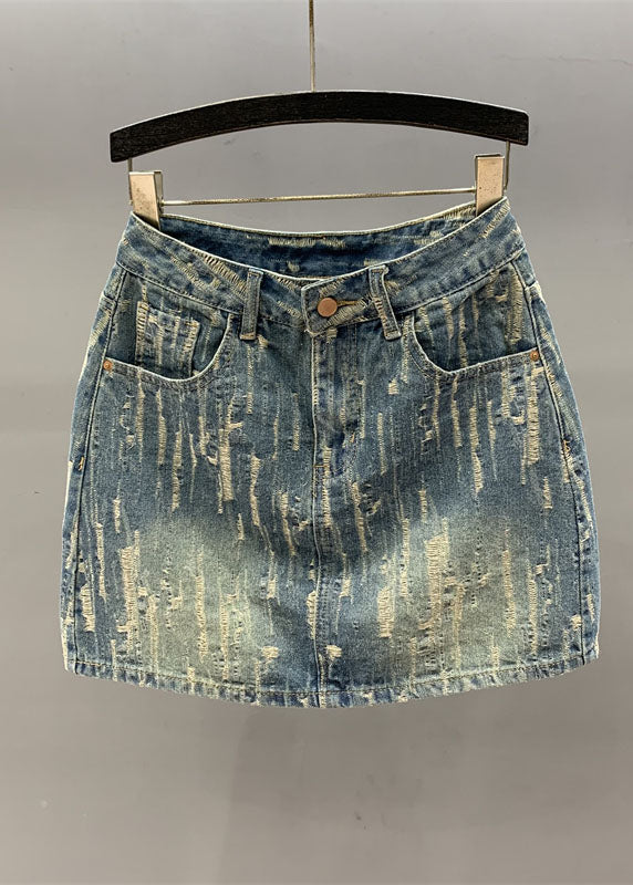 Denim Blue Pockets Patchwork High Waist Cotton a Line Skirt