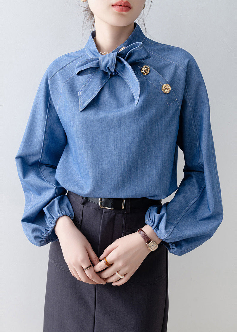 Denim Blue Stand Collar Bow Blouses Spring
