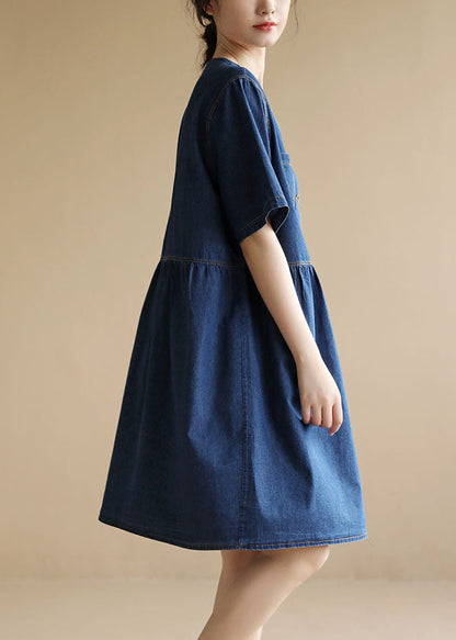 Denim Blue V Neck Pockets Cotton a Line Dress Short Sleeve