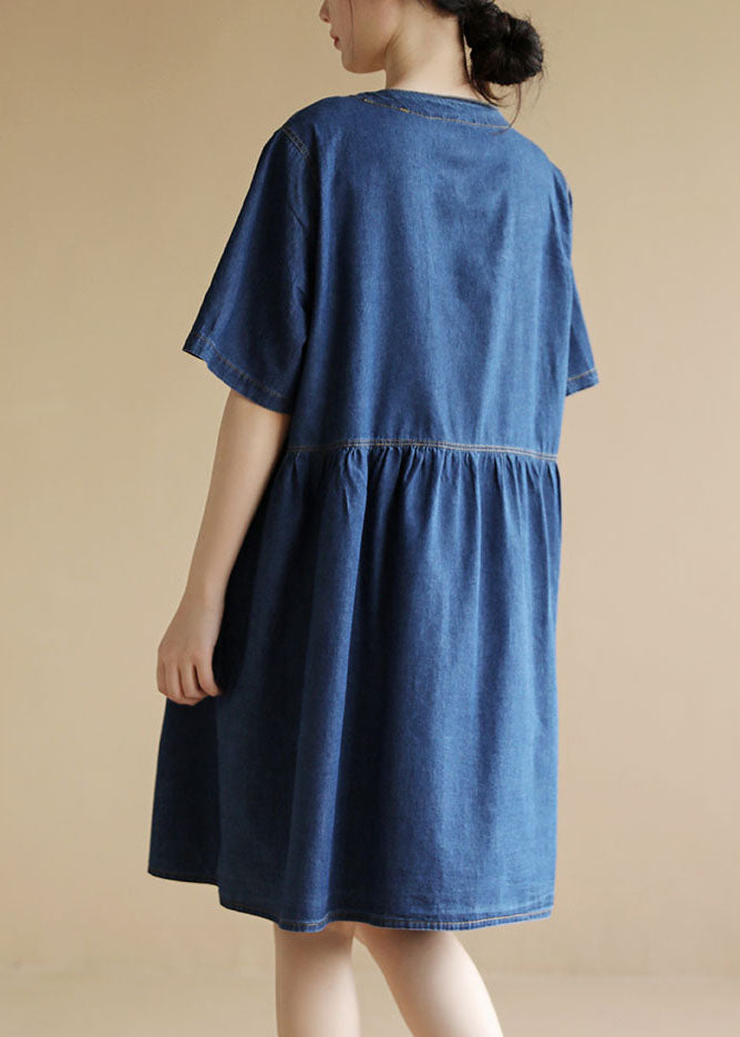 Denim Blue V Neck Pockets Cotton a Line Dress Short Sleeve
