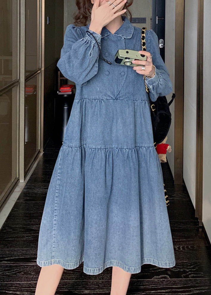Denim Blue Wrinkled Patchwork Long Dress Spring