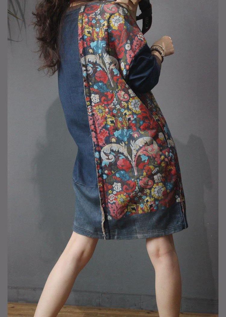 Denim Patchwork Cotton Dress Print Summer Long Dress
