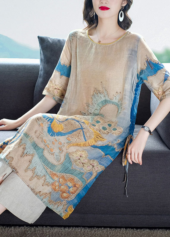 Drawstring Side Open Print Linen Long Tops Half Sleeve