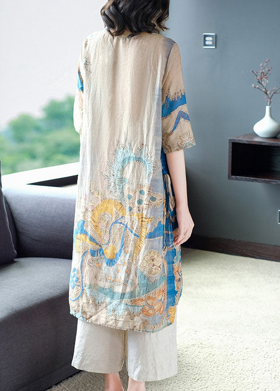 Drawstring Side Open Print Linen Long Tops Half Sleeve