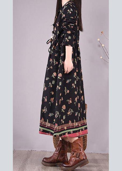 Drawstring Spring Tunics Black Print Art Dresses