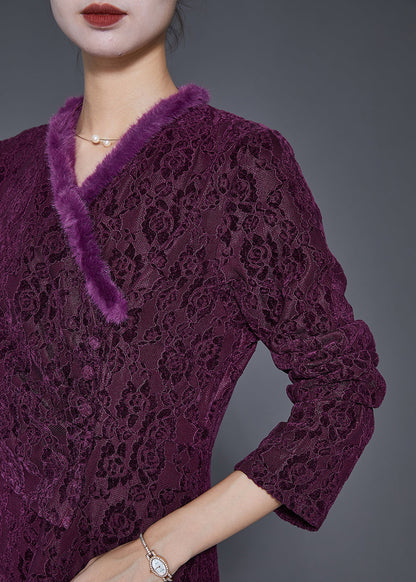 Dull Purple Jacquard Slim Fit Warm Fleece Dresses Winter