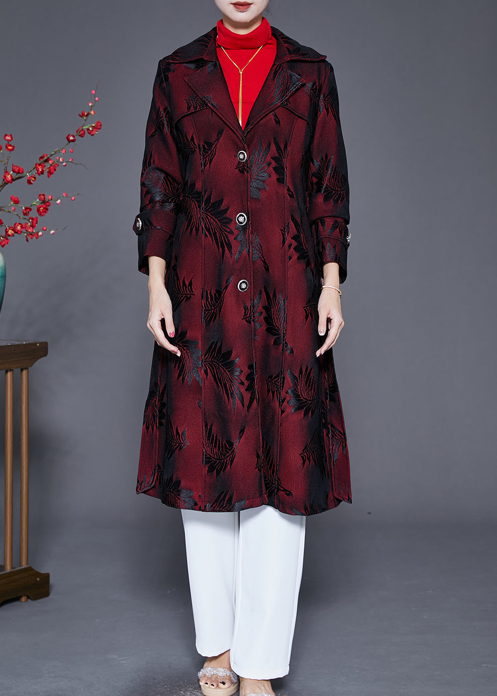 Dull Red Lapel Jacquard Trench Coat Fall