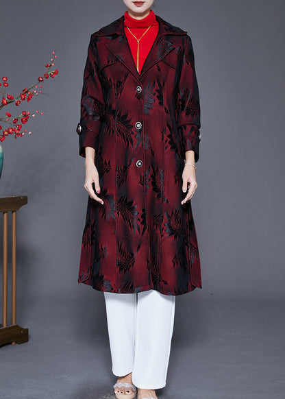 Dull Red Lapel Jacquard Trench Coat Fall
