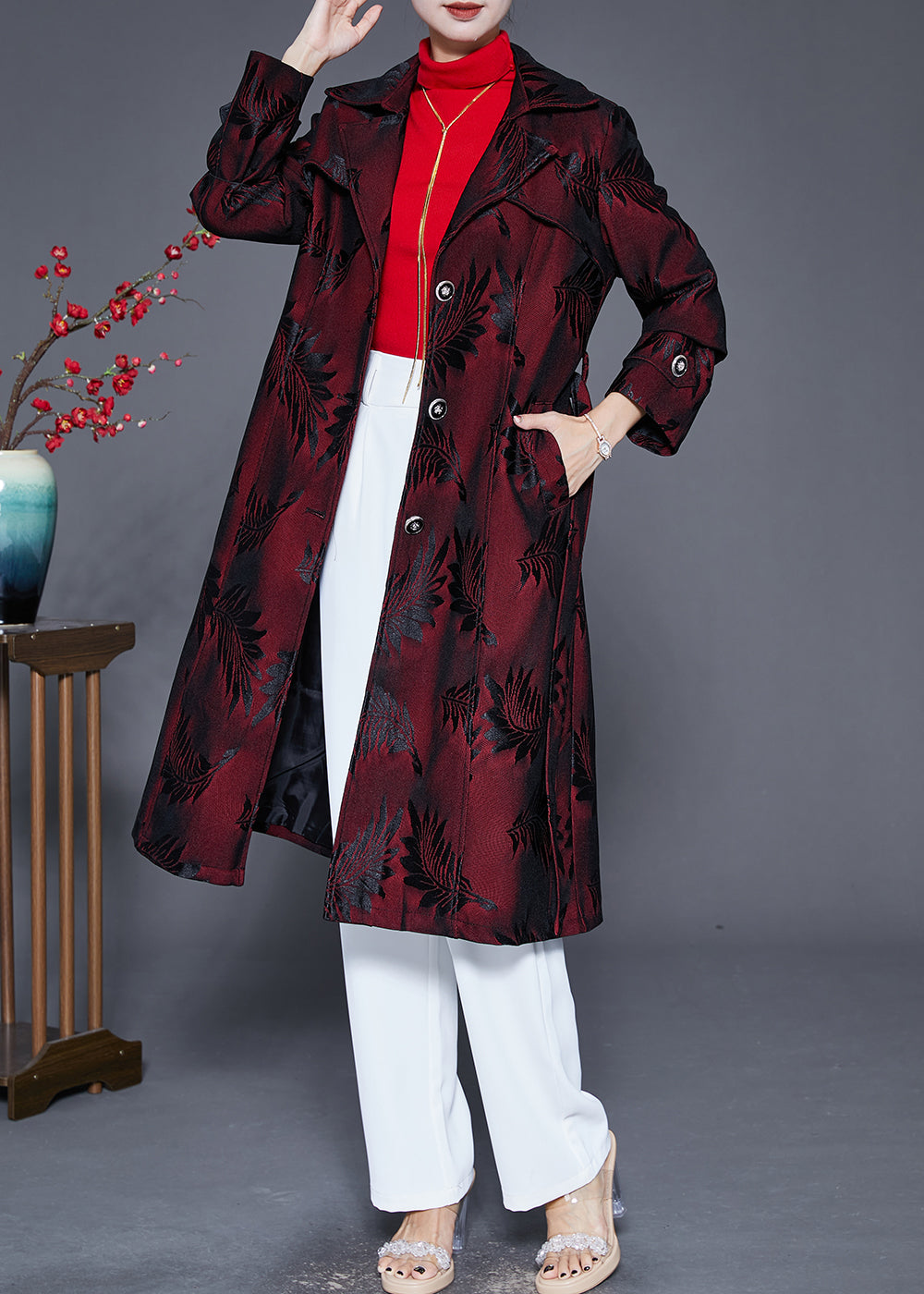 Dull Red Lapel Jacquard Trench Coat Fall