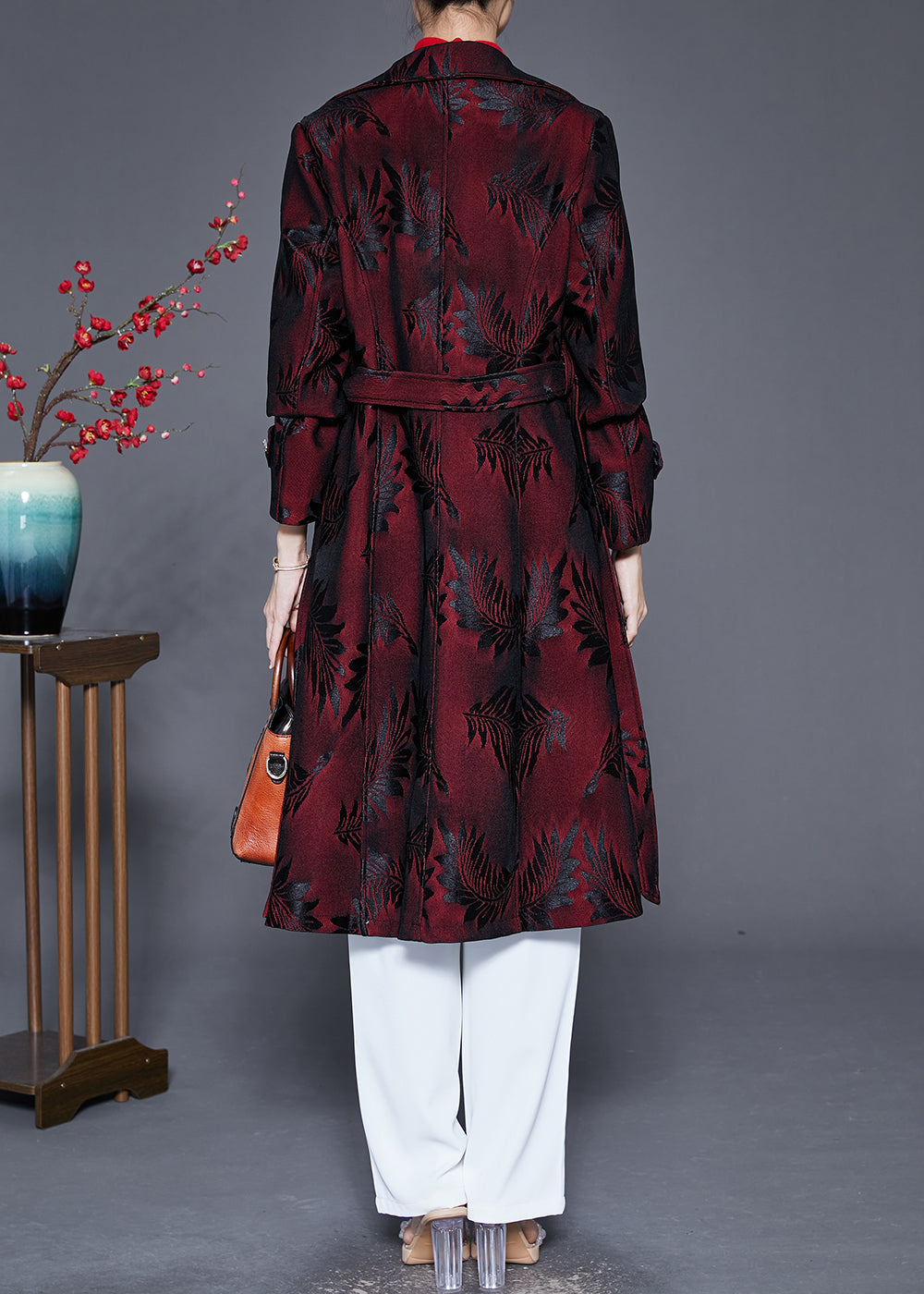 Dull Red Lapel Jacquard Trench Coat Fall