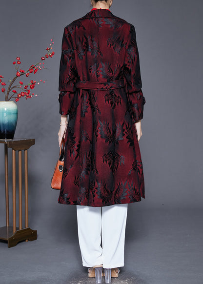Dull Red Lapel Jacquard Trench Coat Fall
