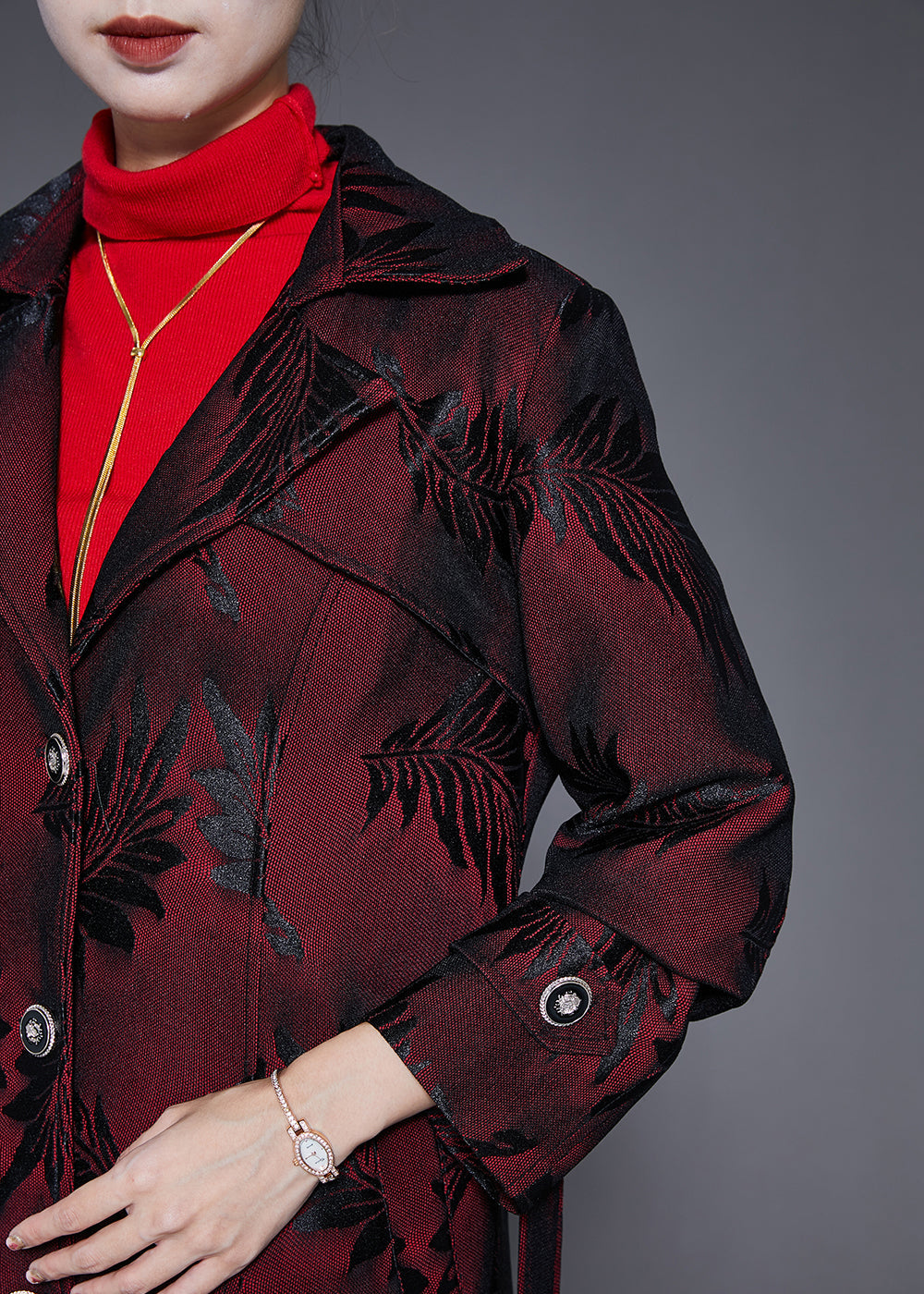 Dull Red Lapel Jacquard Trench Coat Fall