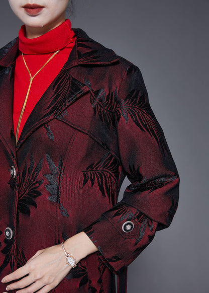 Dull Red Lapel Jacquard Trench Coat Fall