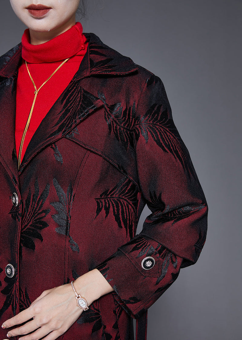 Dull Red Lapel Jacquard Trench Coat Fall