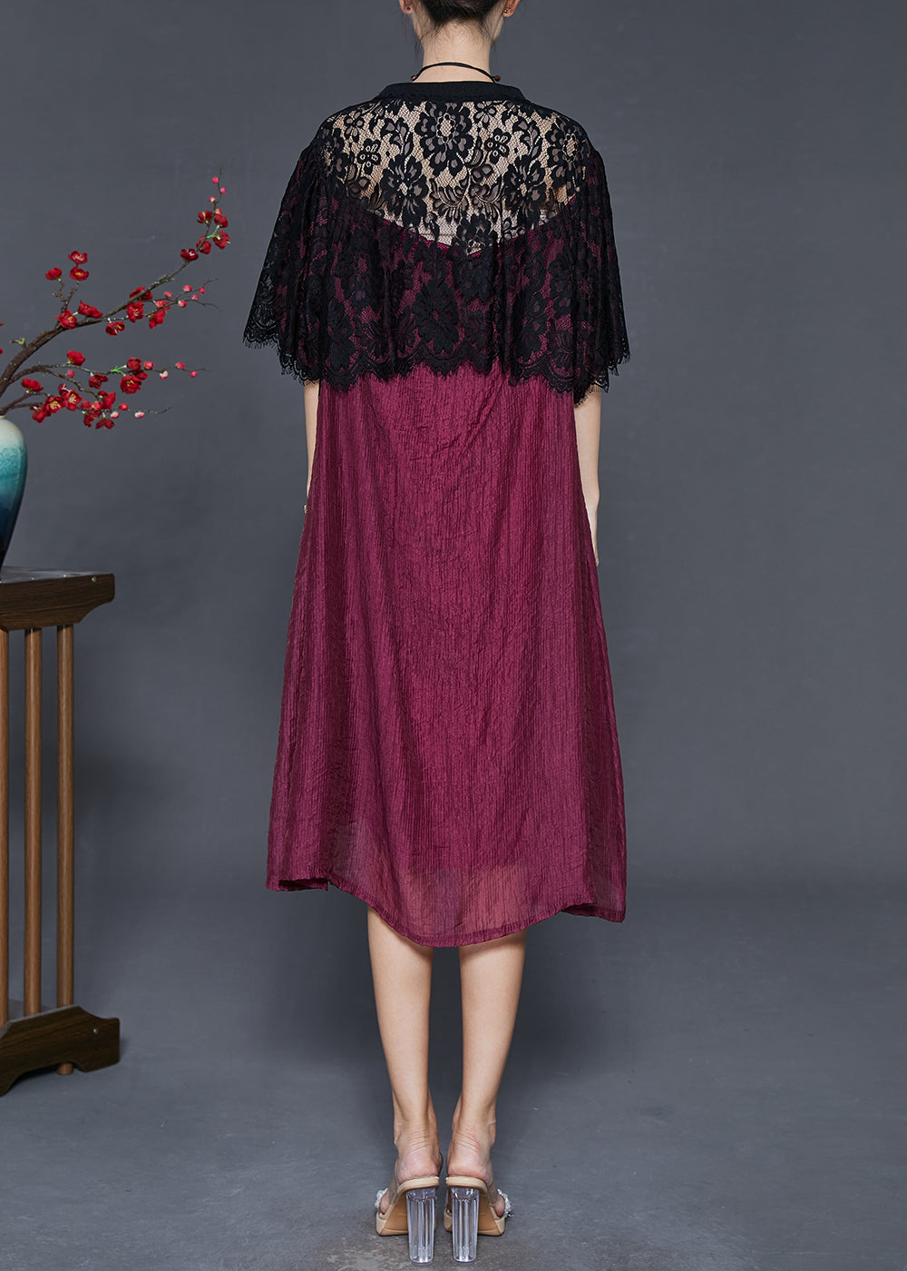 Dull Red Oversized Patchwork Lace Dress Summer