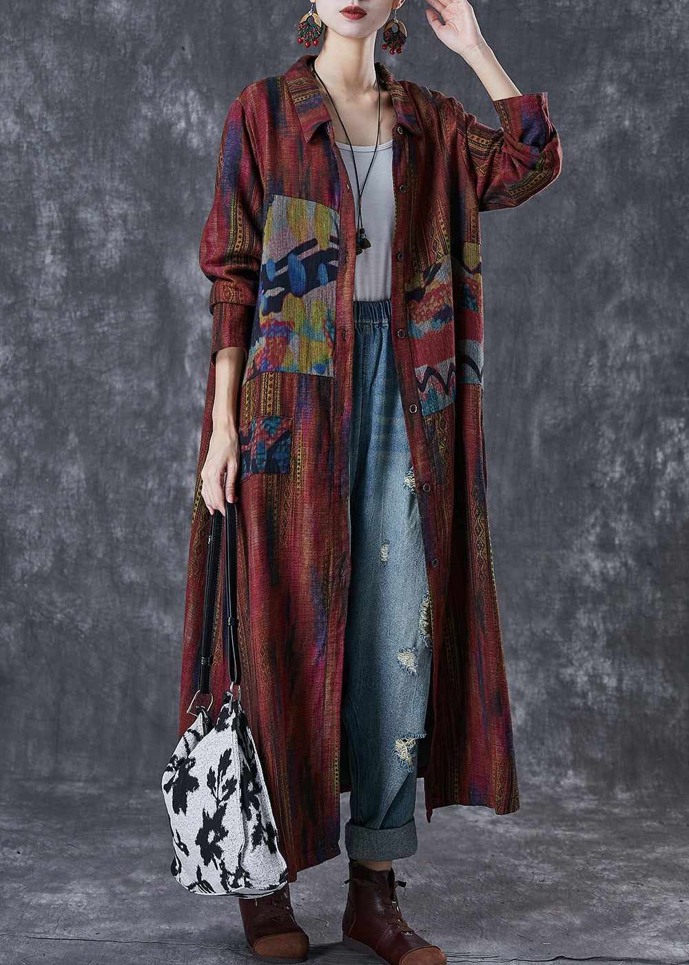 Dull Red Oversized Print Linen Trench Spring