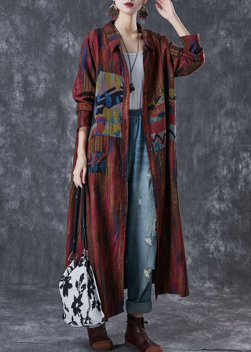 Dull Red Oversized Print Linen Trench Spring