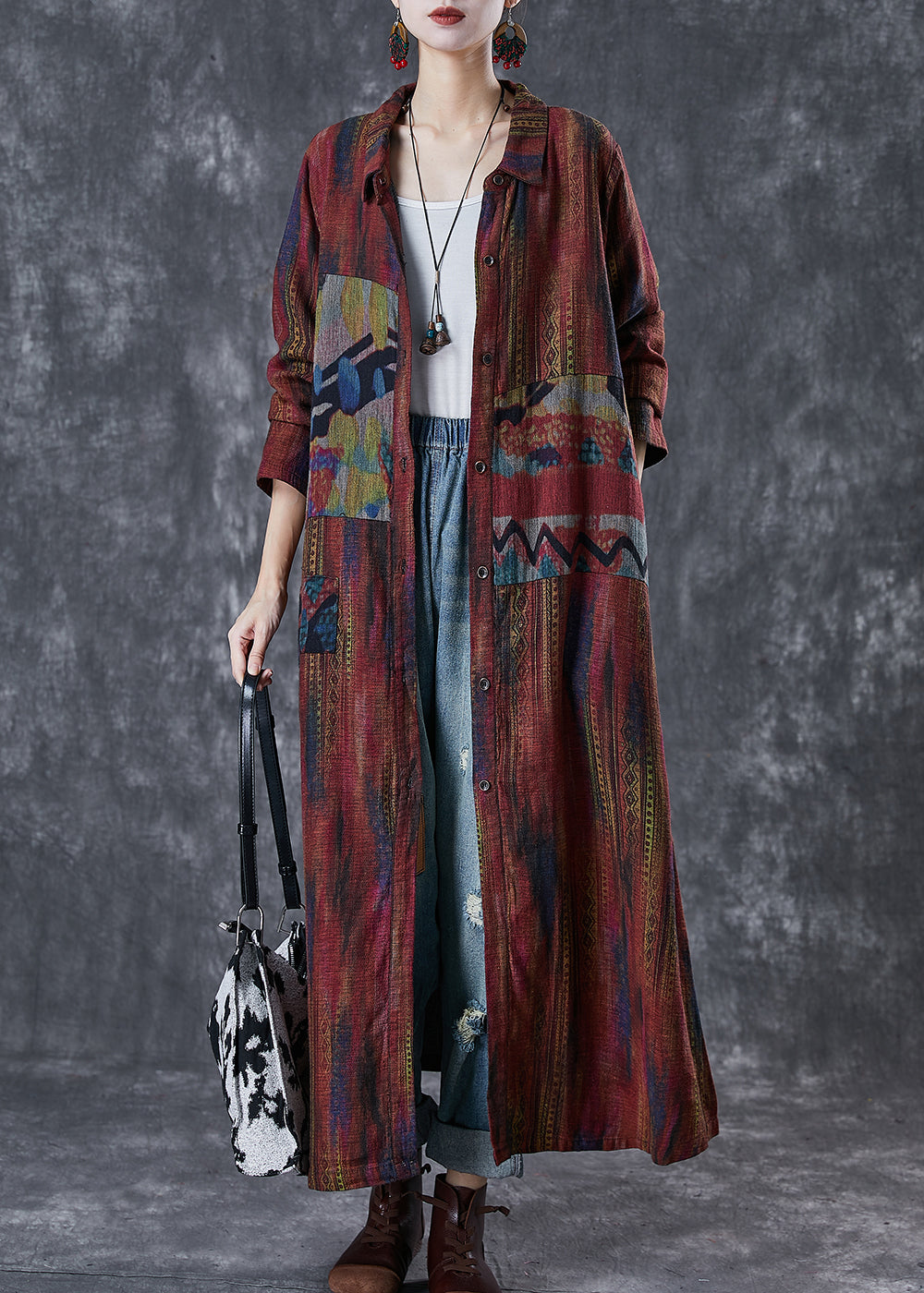 Dull Red Oversized Print Linen Trench Spring