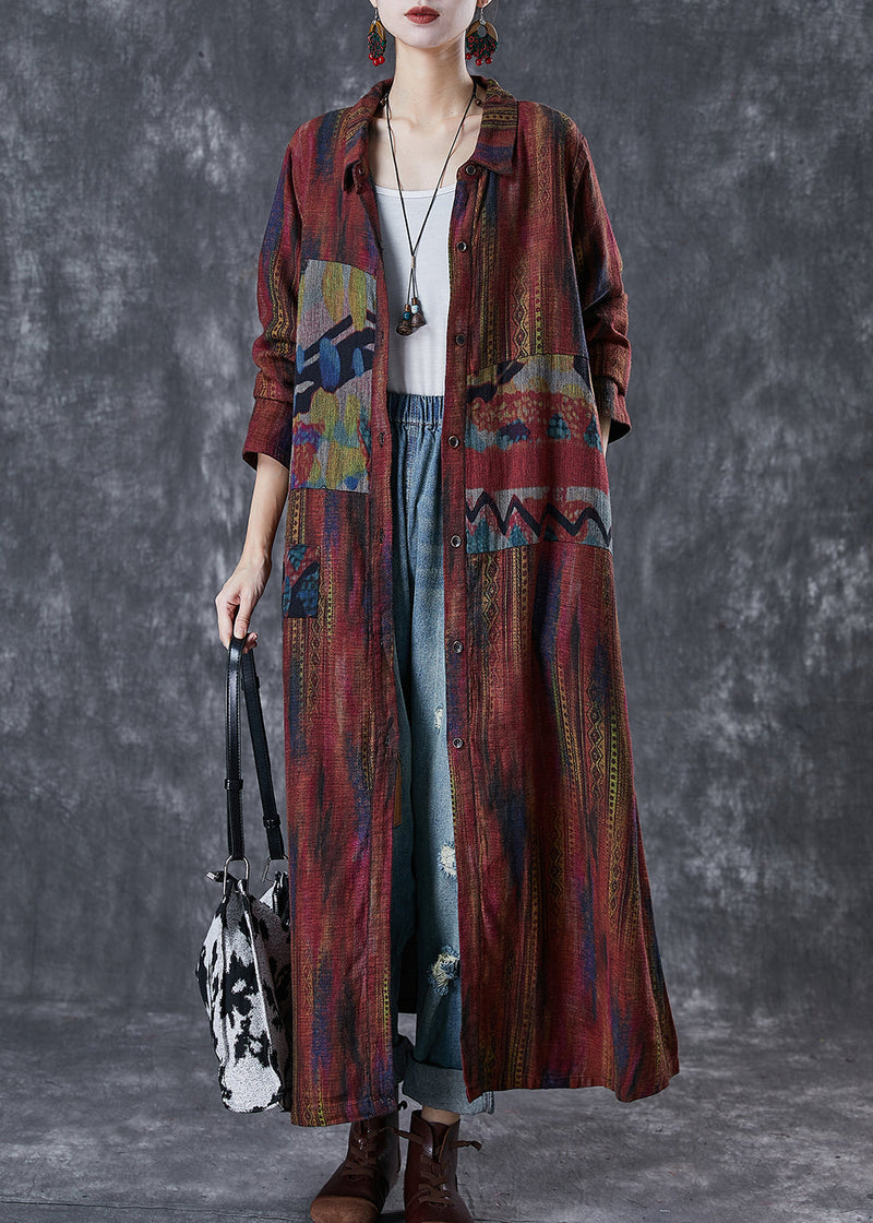 Dull Red Oversized Print Linen Trench Spring
