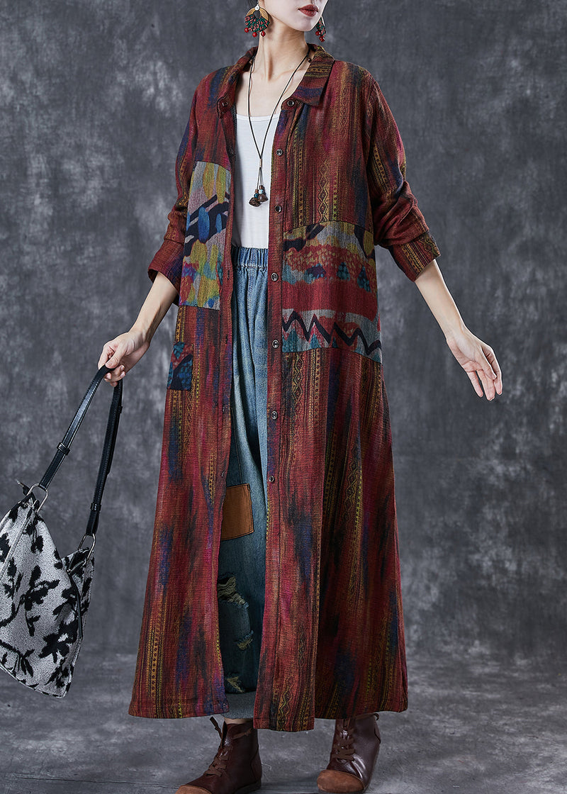 Dull Red Oversized Print Linen Trench Spring