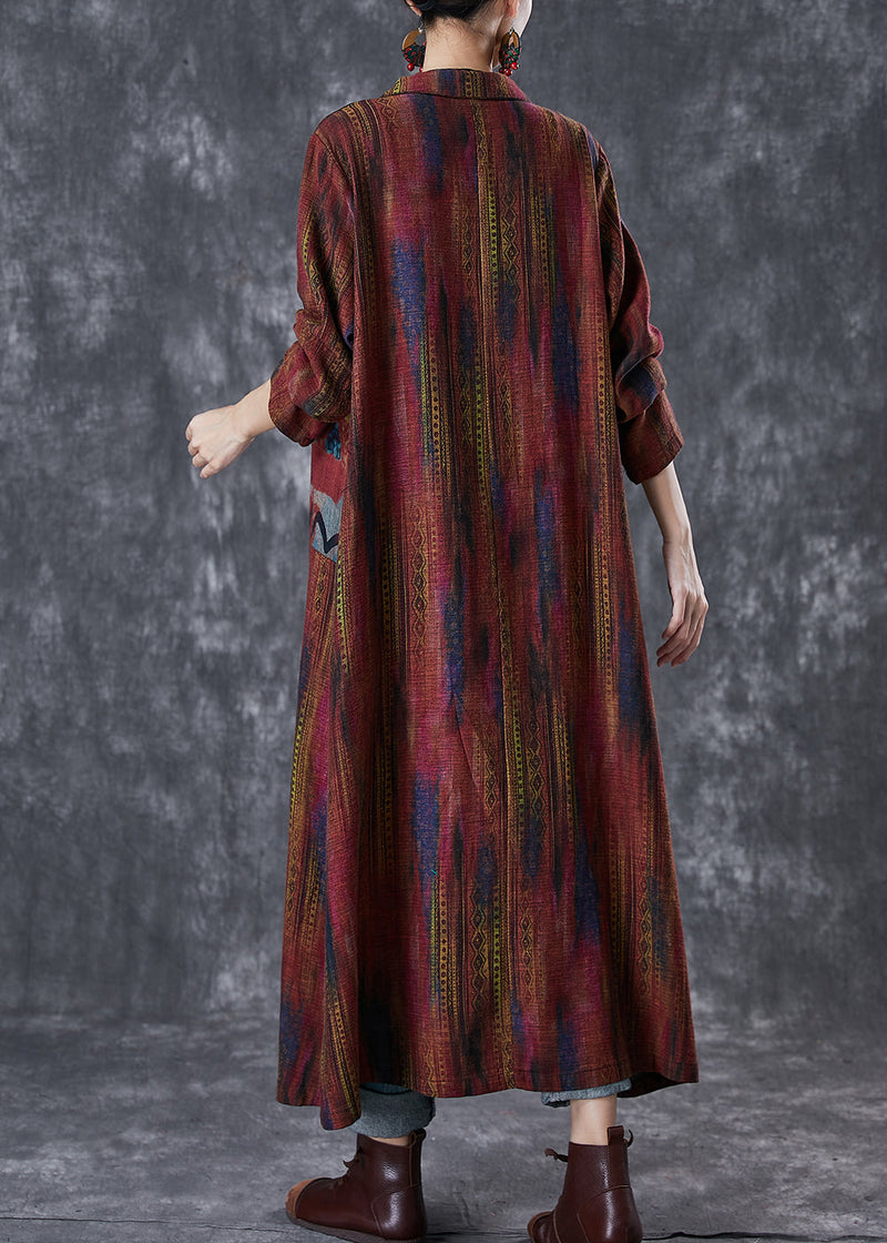 Dull Red Oversized Print Linen Trench Spring
