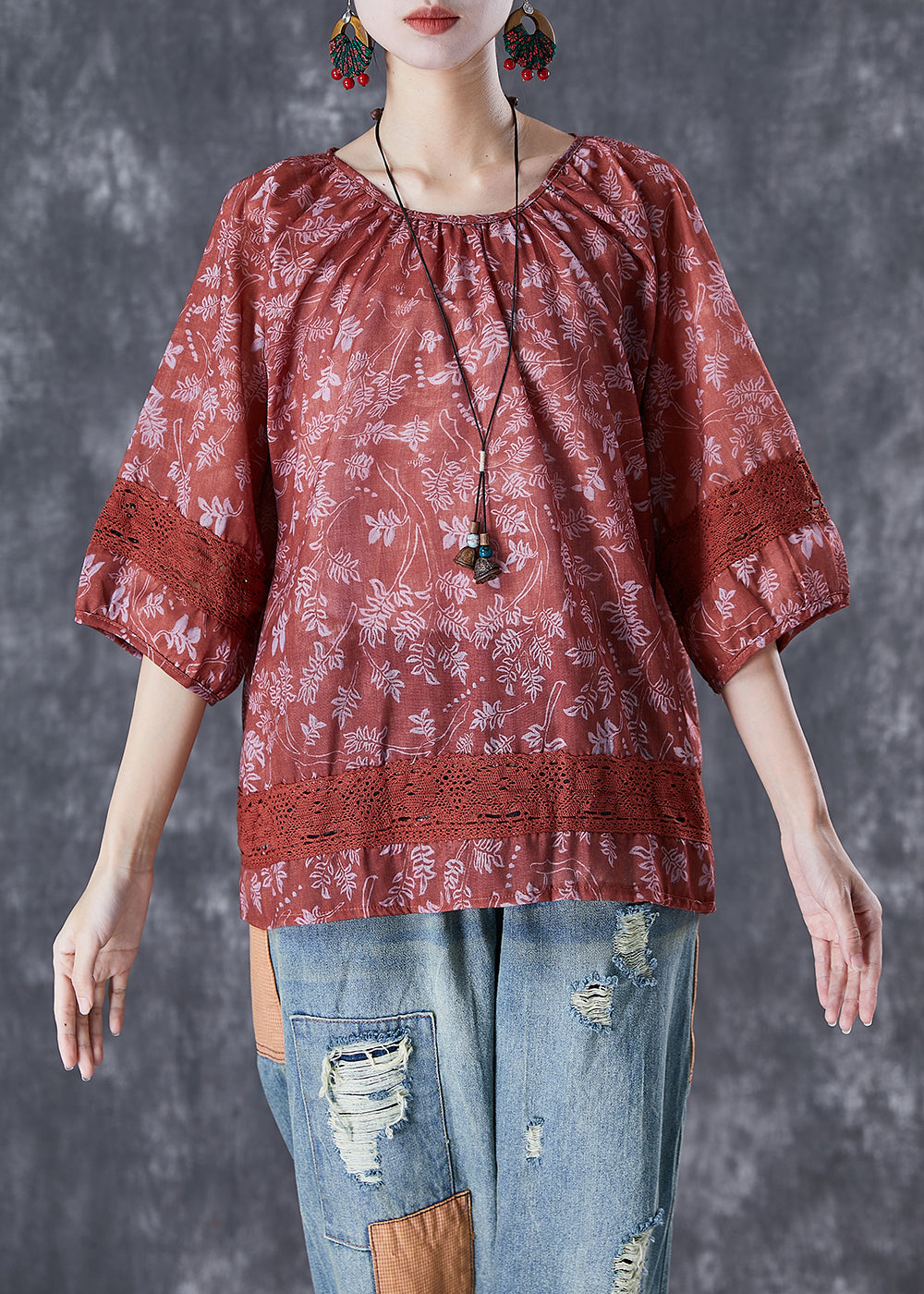Dull Red Print Patchwork Hollow Out Linen Shirt Top Half Sleeve