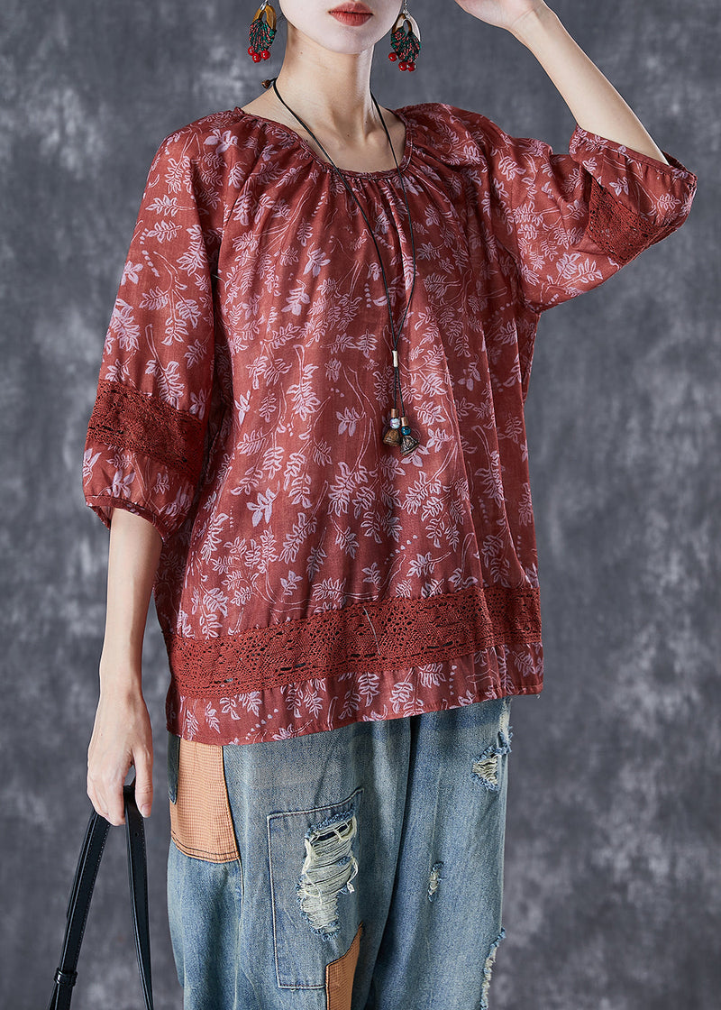 Dull Red Print Patchwork Hollow Out Linen Shirt Top Half Sleeve