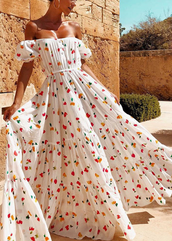 Elastic Square Collar Print Holiday Floor Maxi Dress With Belt White