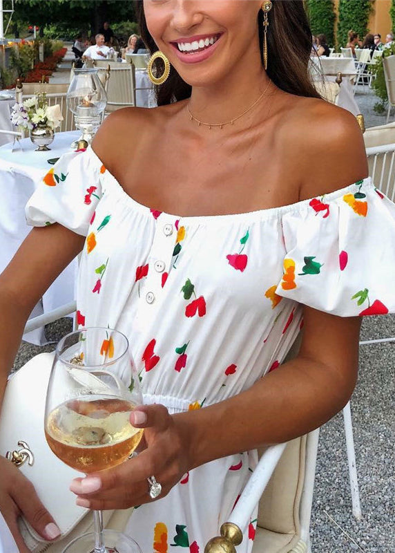 Elastic Square Collar Print Holiday Floor Maxi Dress With Belt White