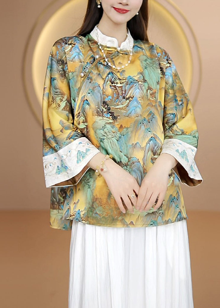 Embroidered Chinese Button Patchwork Silk Shirt Tops Fall
