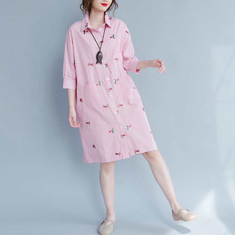 Women Fashion Embroidered Blouses Long Striped Tops Tees Casual Loose Tunics